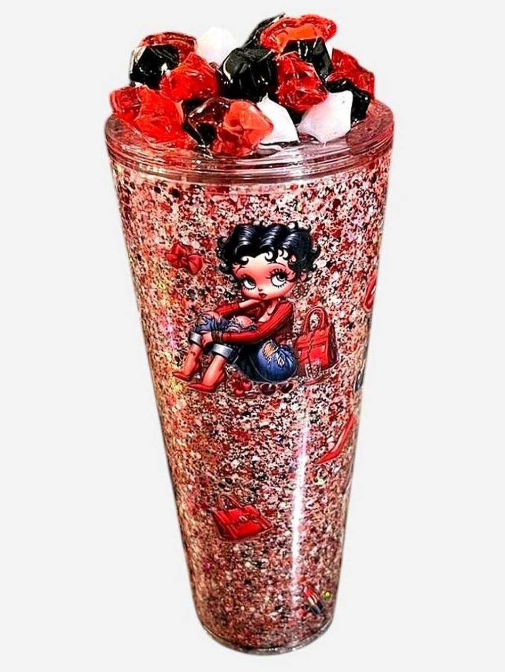 Handcrafted Betty Boop 24oz Glitter Tumbler Red Black Retro TV Collectible - Picture 3 of 5